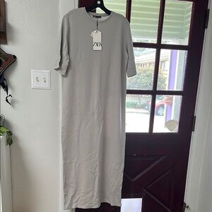 Zara Gray Sheath Dress with Cuffed Short Sleeves